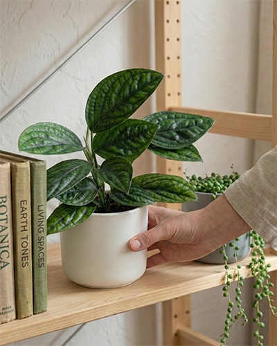 Monstera karstenianum 'Peru' en pot sur étagère, feuillage épais et texturé, idéale pour la culture en intérieur.